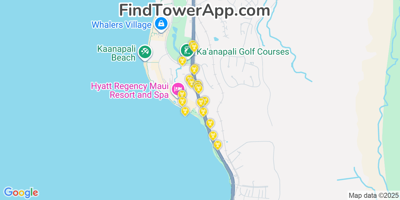 Map showing the 20 primary T-Mobile cell tower locations detected in Kā‘anapali, Hawaii with coverage radius and signal strength indicators