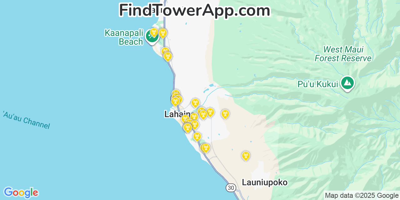Map showing the 26 primary Verizon cell tower locations detected in Kā‘anapali, Hawaii with coverage radius and signal strength indicators