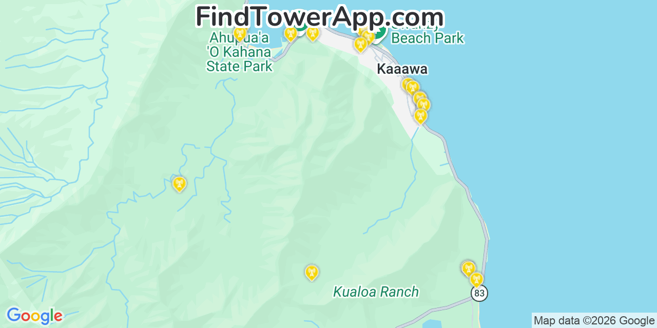 Map showing the 20 primary cell tower locations detected in Kaaawa, Hawaii from AT&T, Verizon, and T-Mobile networks