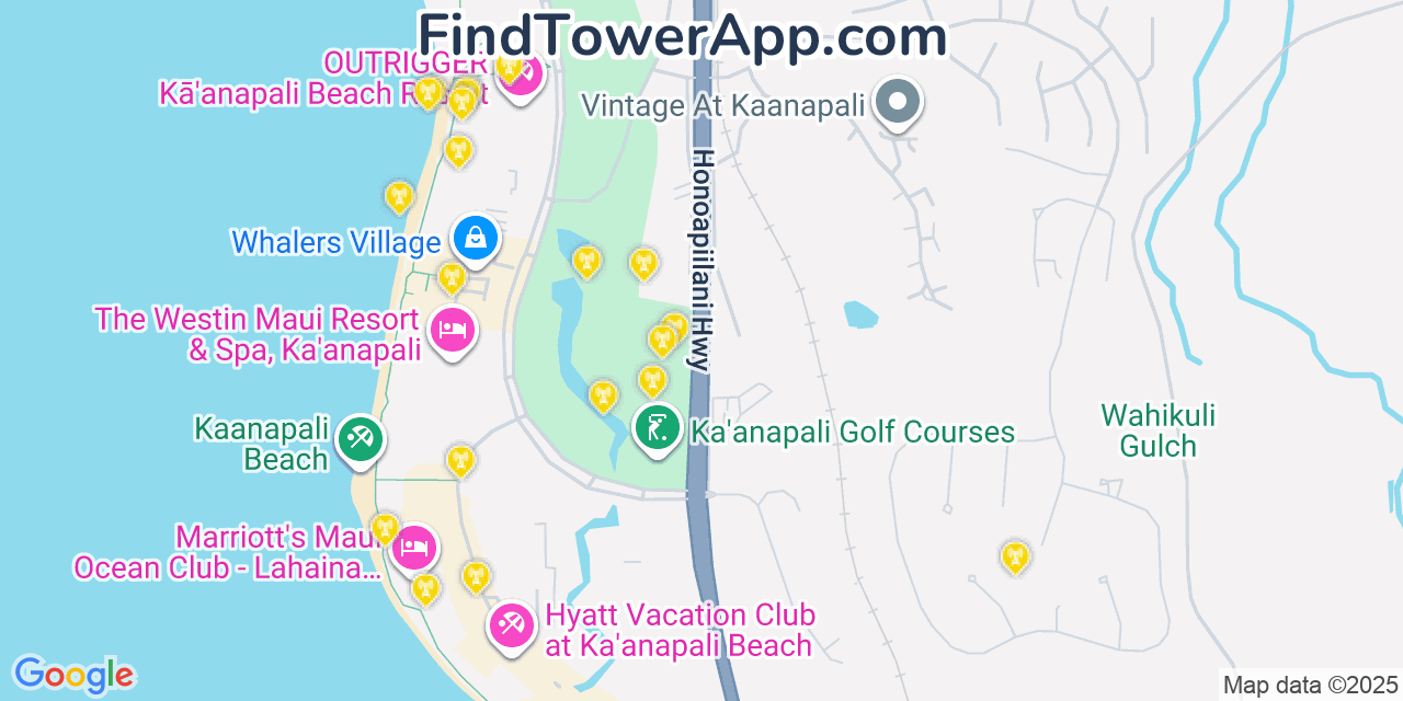 Map showing the 20 primary AT&T cell tower locations detected in Kāanapali, Hawaii with coverage radius and signal strength indicators