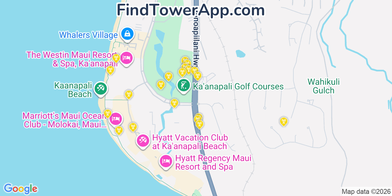 Map showing the 20 primary cell tower locations detected in Kāanapali, Hawaii from AT&T, Verizon, and T-Mobile networks