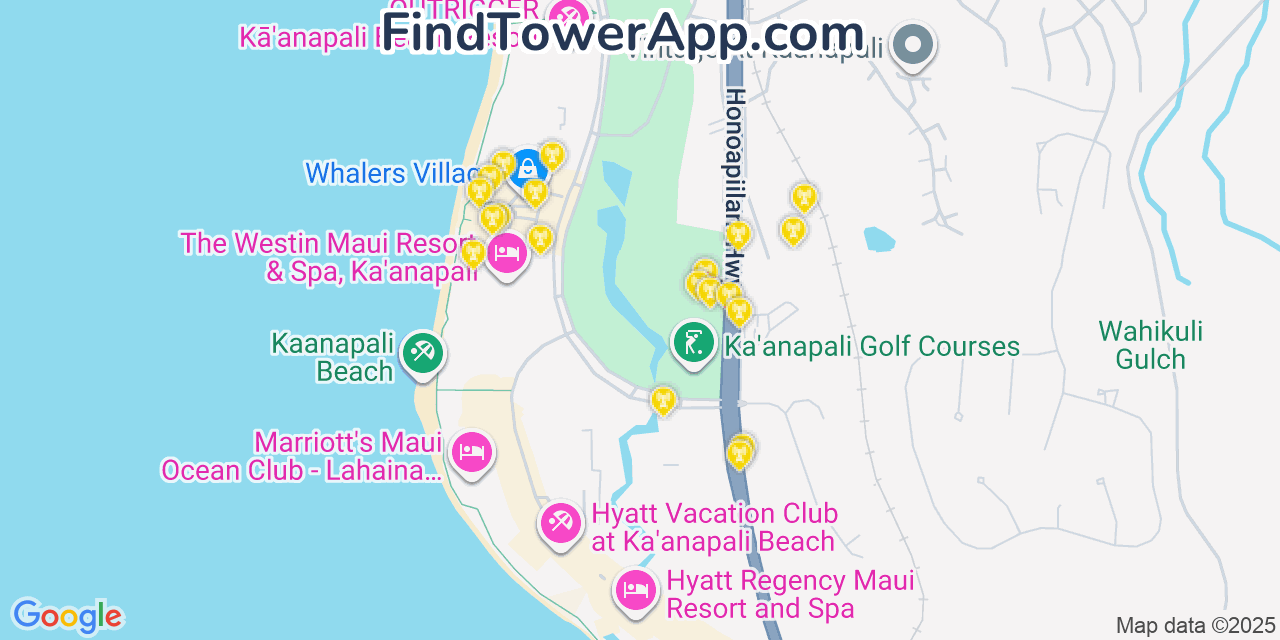 Map showing the 20 primary T-Mobile cell tower locations detected in Kāanapali, Hawaii with coverage radius and signal strength indicators