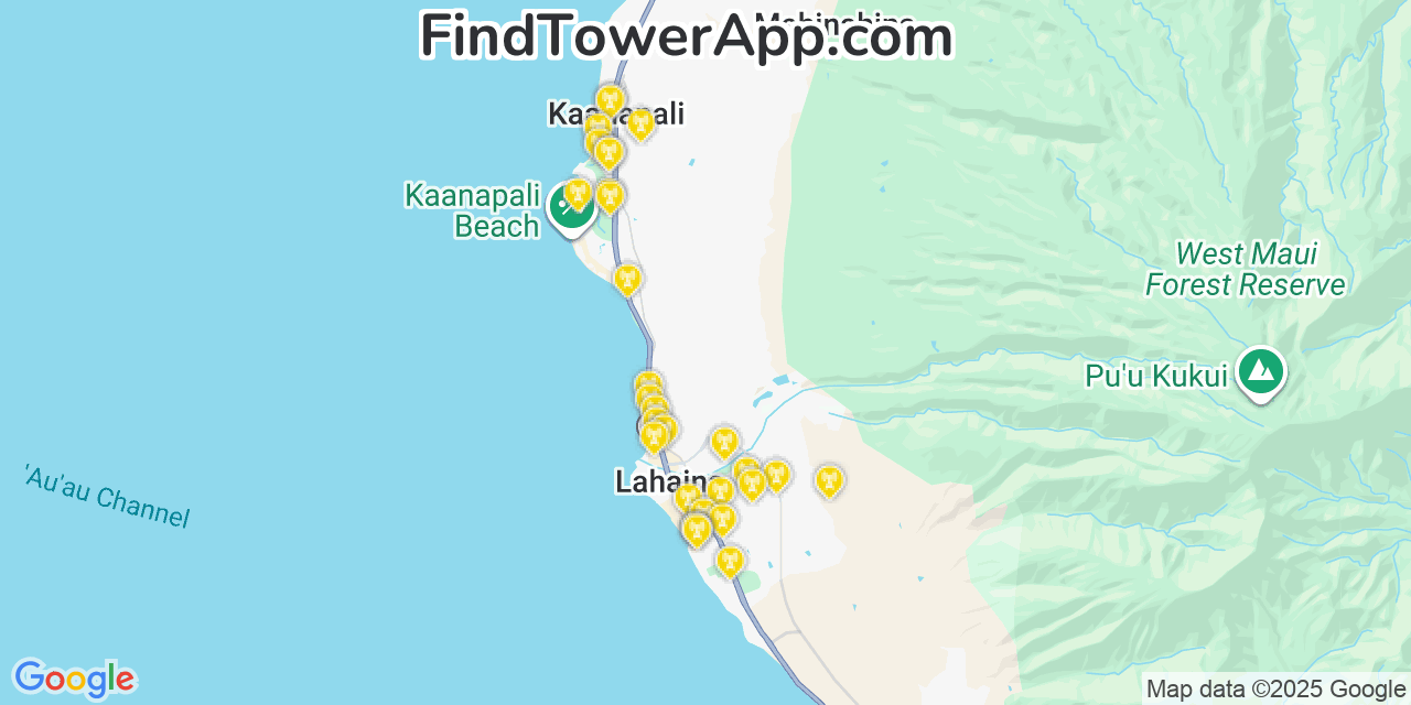 Map showing the 30 primary Verizon cell tower locations detected in Kāanapali, Hawaii with coverage radius and signal strength indicators