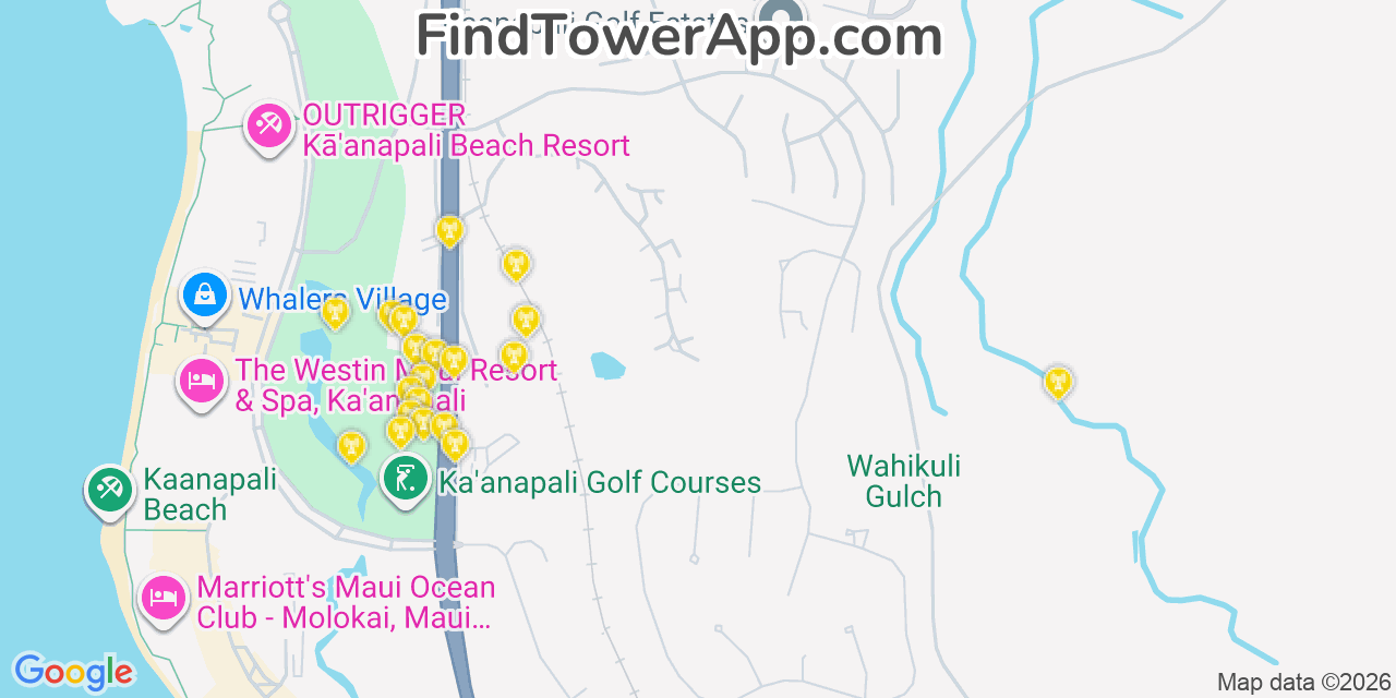 Map showing the 20 primary cell tower locations detected in Kaanapali Landing, Hawaii from AT&T, Verizon, and T-Mobile networks