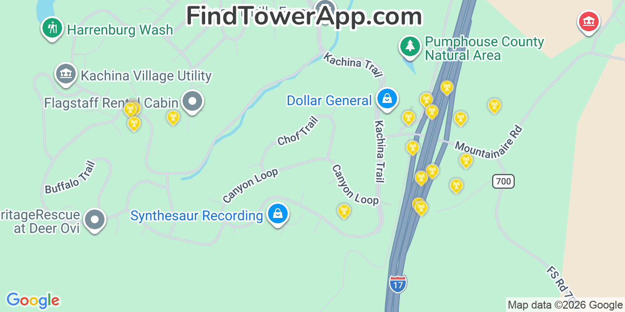 Map showing the 20 primary cell tower locations detected in Kachina Village, Arizona from AT&T, Verizon, and T-Mobile networks