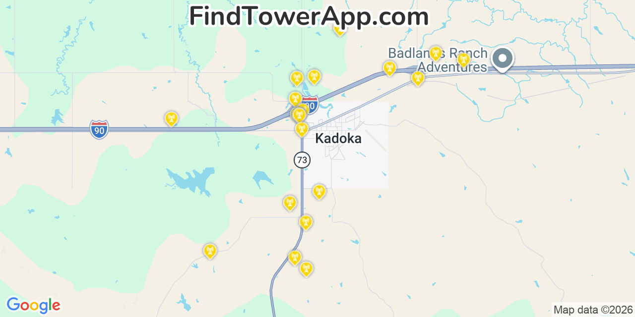 Map showing the 20 primary cell tower locations detected in Kadoka, South Dakota from AT&T, Verizon, and T-Mobile networks