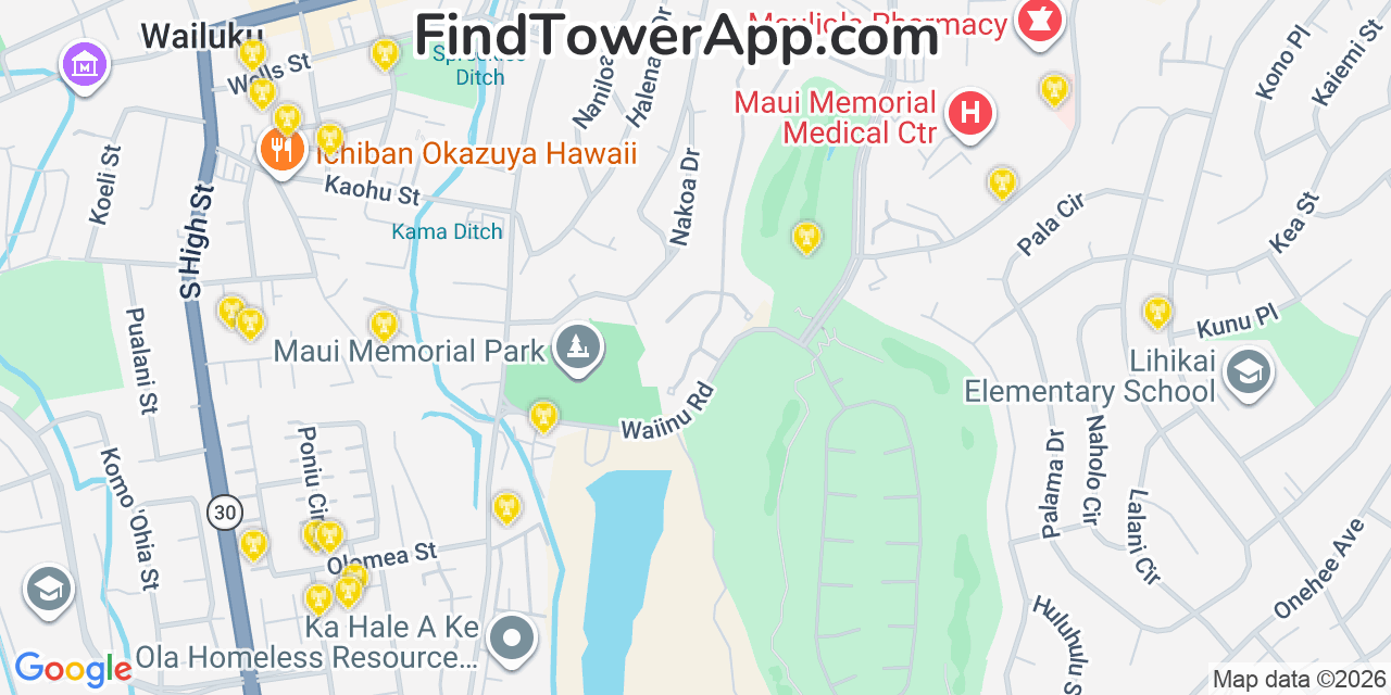 Map showing the 20 primary AT&T cell tower locations detected in Kãƒâ¯ã‚Â¾Ã¢Â‚¬Å¾Ãƒâ¢Ã‹Â€ Ã‚Â¥Napali, Hawaii with coverage radius and signal strength indicators
