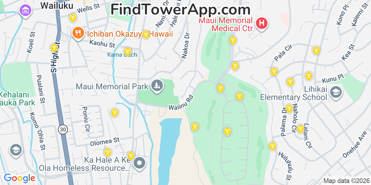 Map showing the 20 primary T-Mobile cell tower locations detected in Kãƒâ¯ã‚Â¾Ã¢Â‚¬Å¾Ãƒâ¢Ã‹Â€ Ã‚Â¥Napali, Hawaii with coverage radius and signal strength indicators