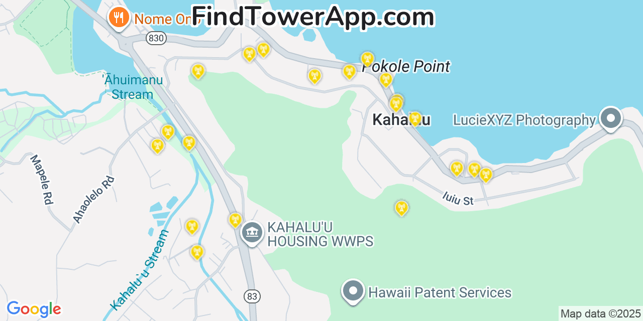 Map showing the 20 primary T-Mobile cell tower locations detected in Kahalu�U, Hawaii with coverage radius and signal strength indicators