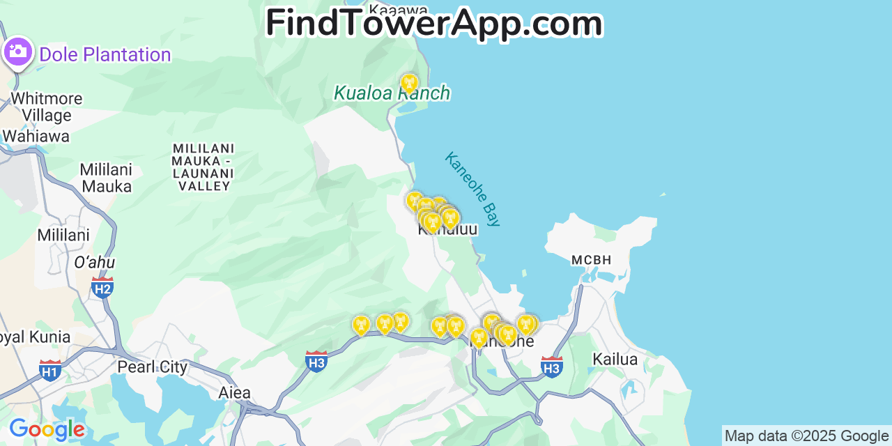 Map showing the 29 primary Verizon cell tower locations detected in Kahalu�U, Hawaii with coverage radius and signal strength indicators