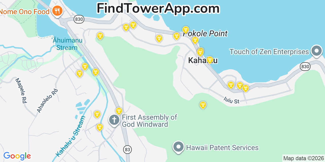 Map showing the 20 primary T-Mobile cell tower locations detected in Kahalu�U, Hawaii with coverage radius and signal strength indicators