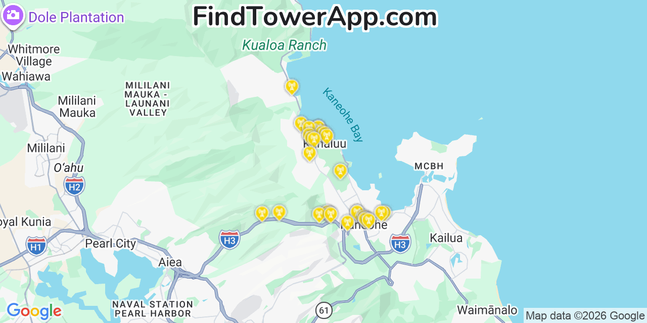Map showing the 29 primary Verizon cell tower locations detected in Kahalu�U, Hawaii with coverage radius and signal strength indicators