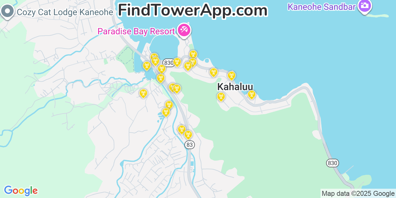 Map showing the 20 primary AT&T cell tower locations detected in Kahalu‘u, Hawaii with coverage radius and signal strength indicators