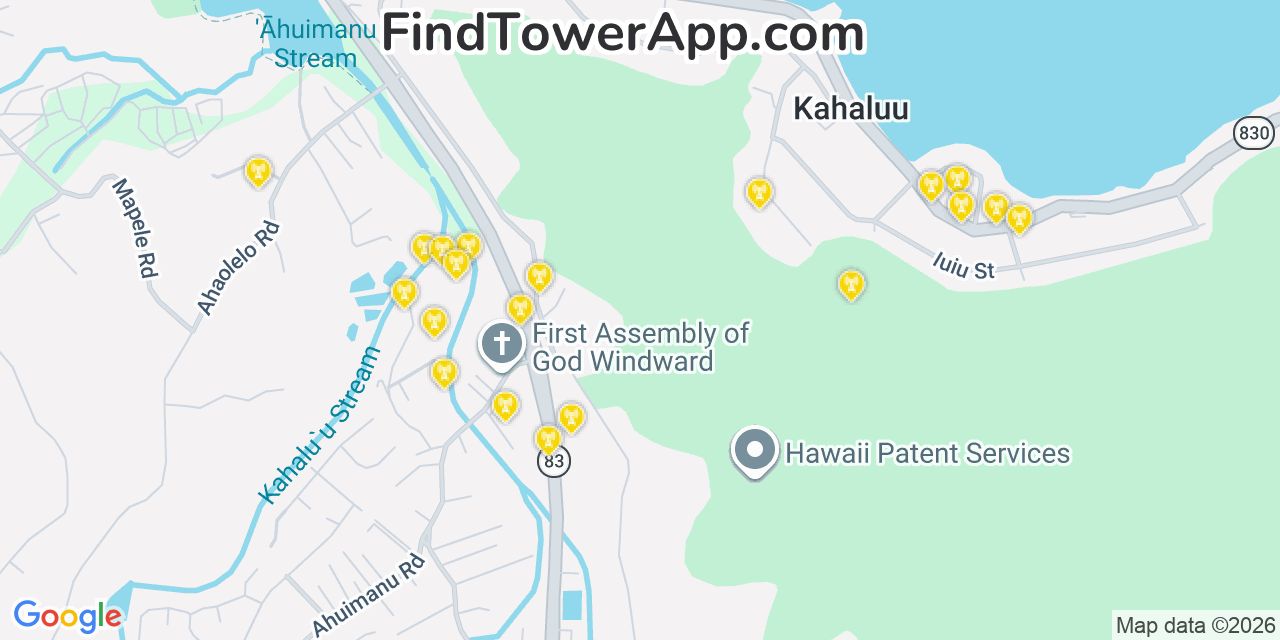 Map showing the 20 primary cell tower locations detected in Kahalu‘u, Hawaii from AT&T, Verizon, and T-Mobile networks