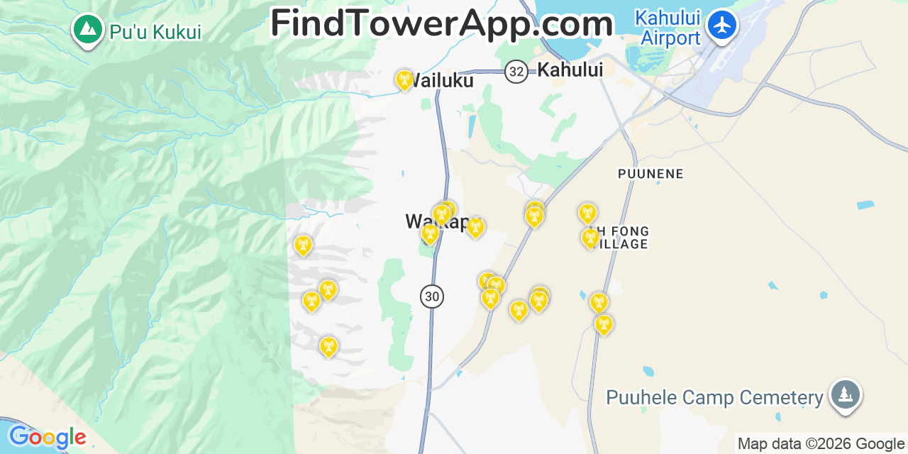 Map showing the 21 primary AT&T cell tower locations detected in Kahaluï¿½U, Hawaii with coverage radius and signal strength indicators