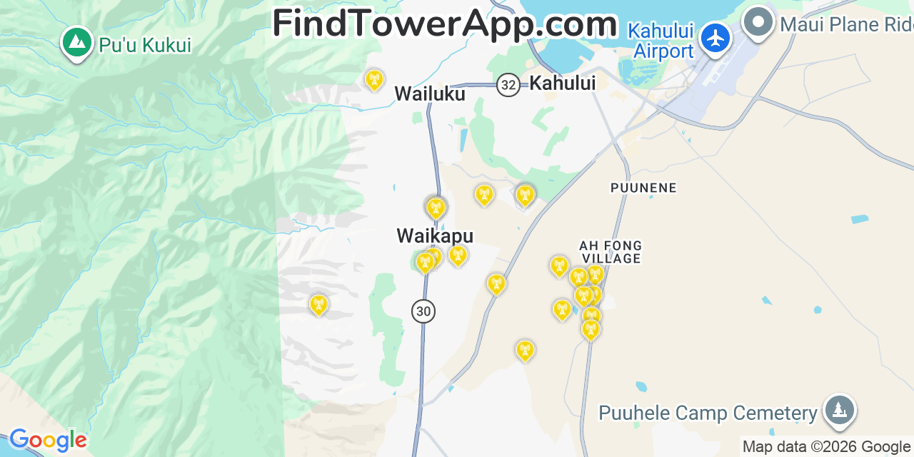 Map showing the 21 primary Verizon cell tower locations detected in Kahaluï¿½U, Hawaii with coverage radius and signal strength indicators