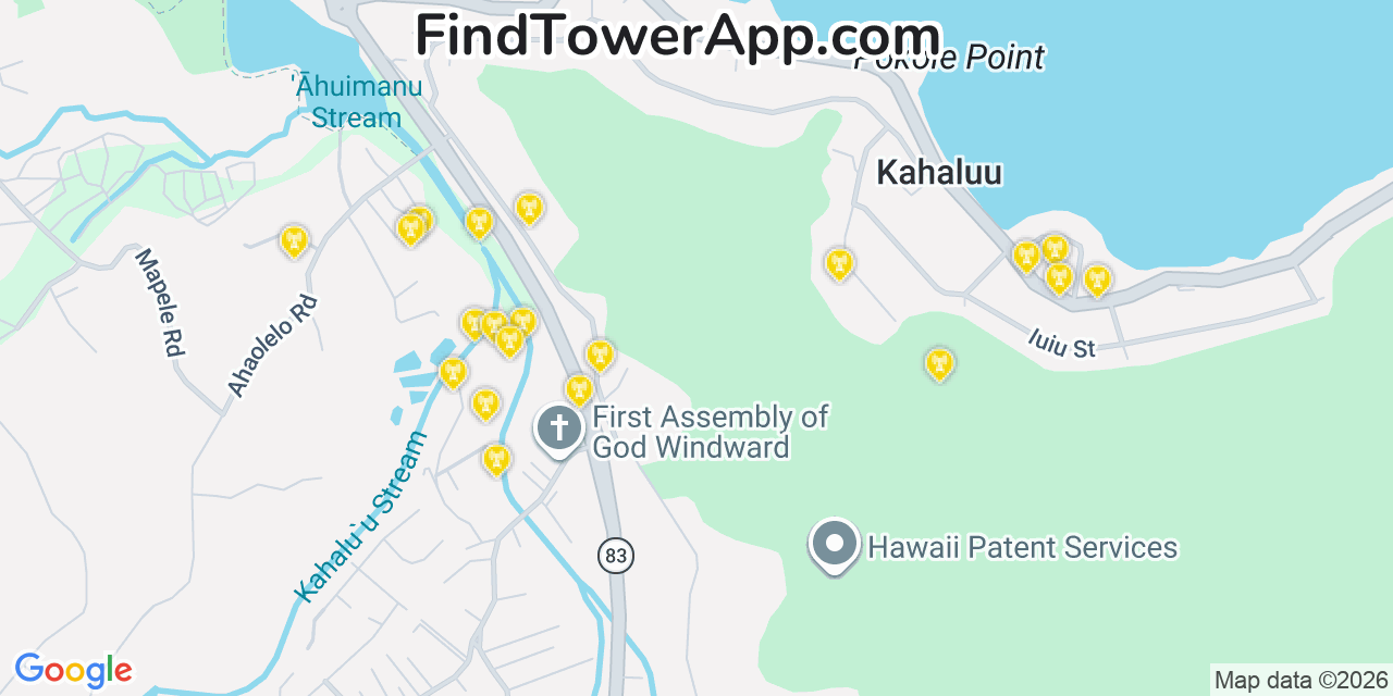 Map showing the 20 primary cell tower locations detected in Kahaluu, Hawaii from AT&T, Verizon, and T-Mobile networks