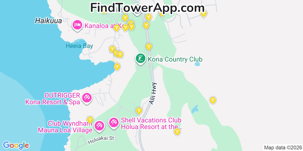 Map showing the 20 primary cell tower locations detected in Kahaluu Keauhou, Hawaii from AT&T, Verizon, and T-Mobile networks