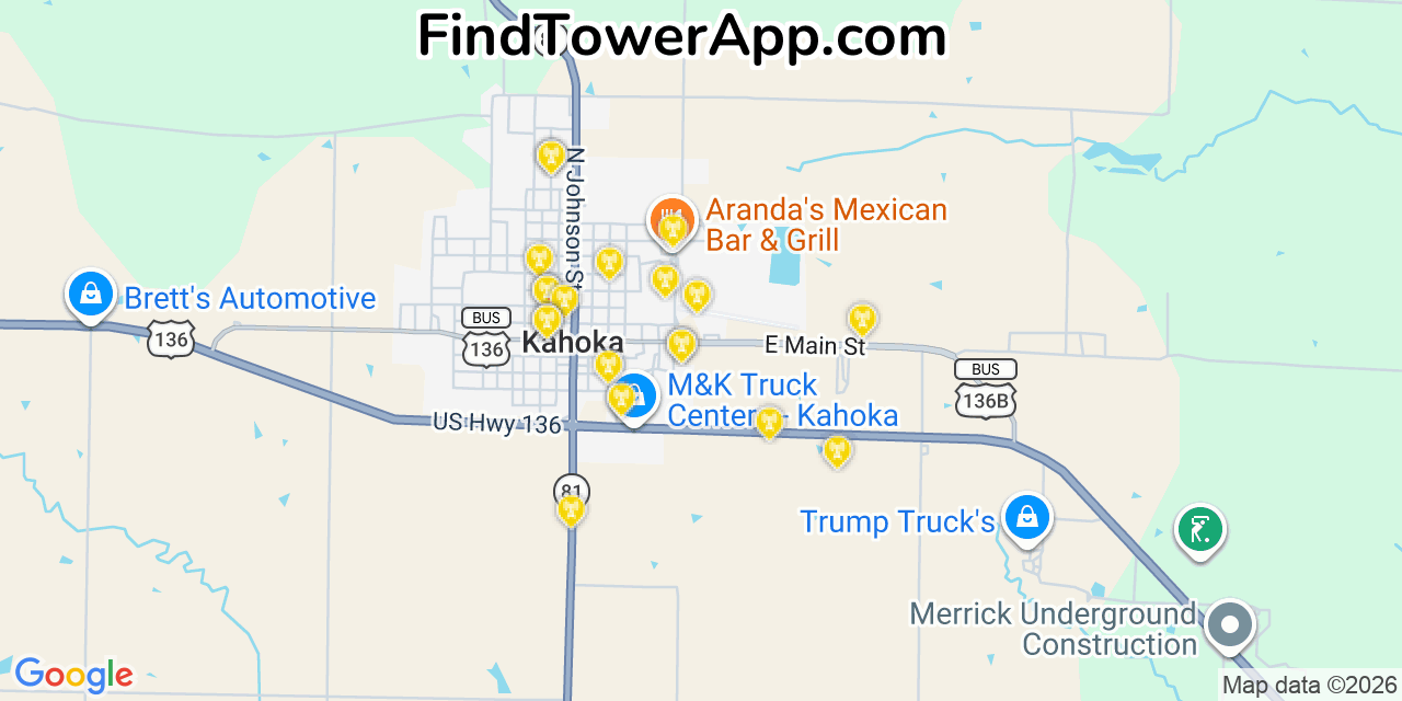 Map showing the 20 primary cell tower locations detected in Kahoka, Missouri from AT&T, Verizon, and T-Mobile networks