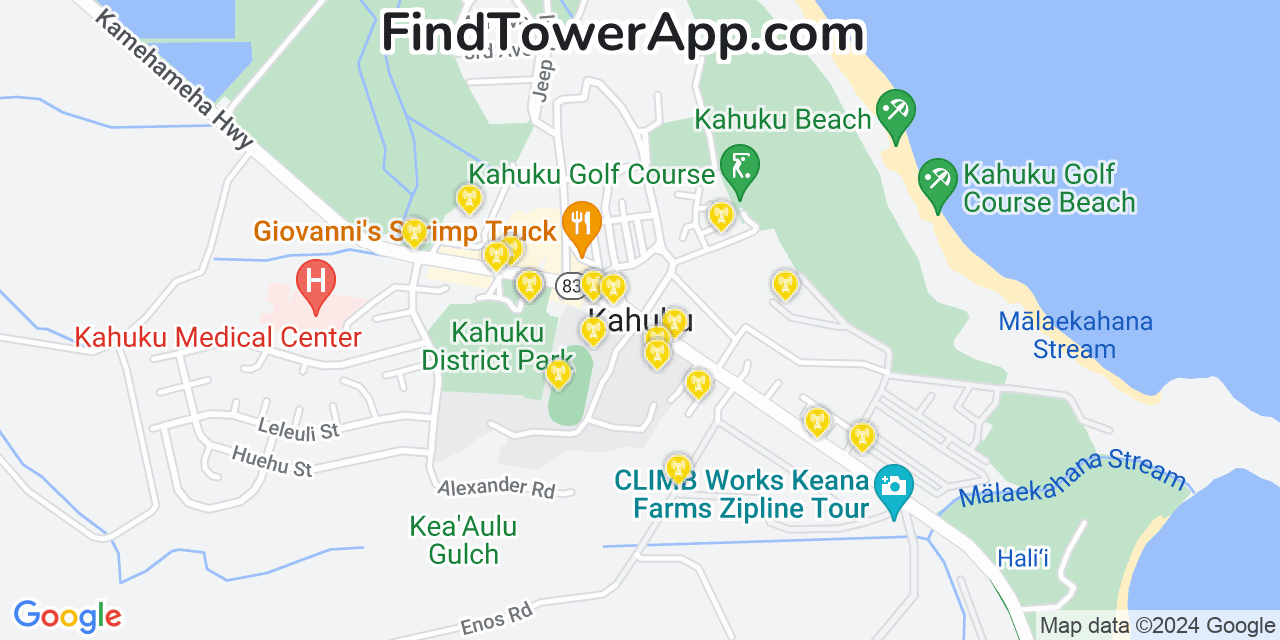 AT&T 4G/5G cell tower coverage map Kahuku, Hawaii