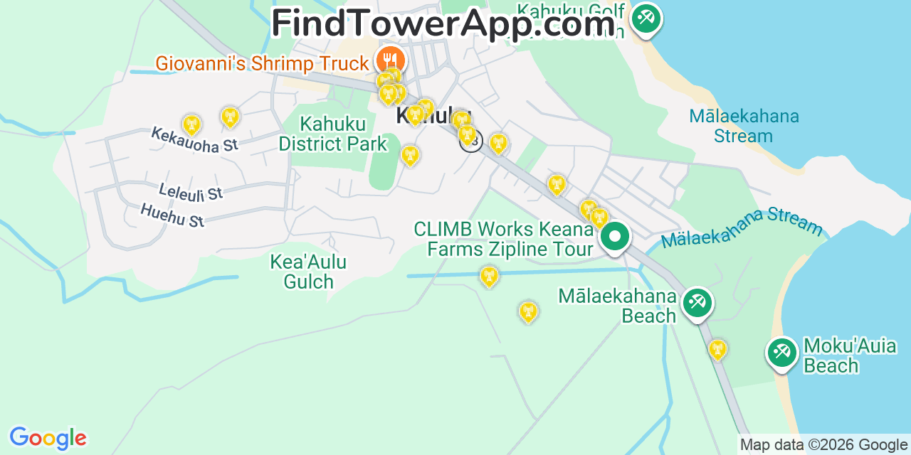 Map showing the 20 primary cell tower locations detected in Kahuku, Hawaii from AT&T, Verizon, and T-Mobile networks