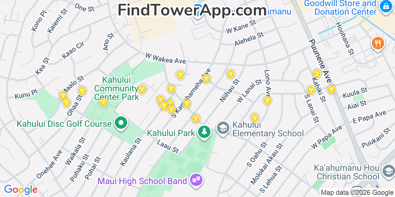 Map showing the 20 primary cell tower locations detected in Kahului, Hawaii from AT&T, Verizon, and T-Mobile networks