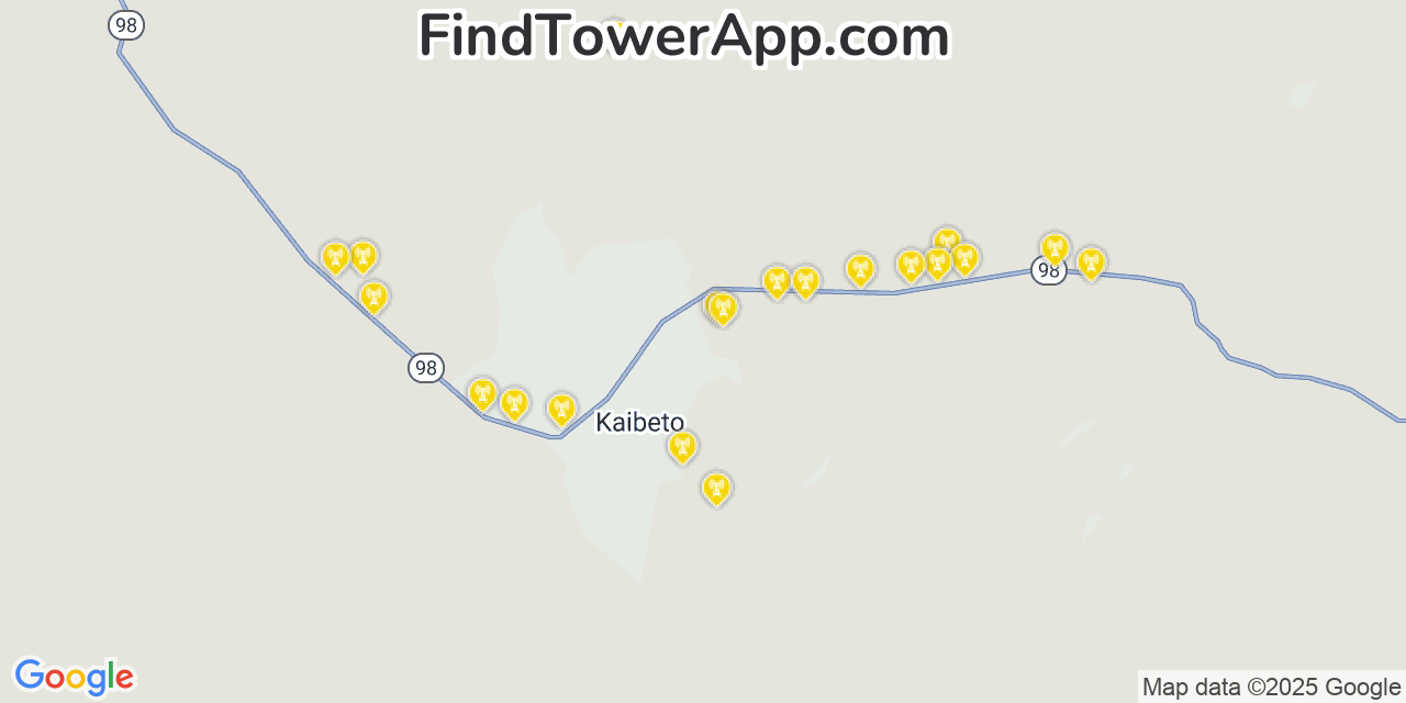 Map showing the 20 primary cell tower locations detected in Kaibito, Arizona from AT&T, Verizon, and T-Mobile networks