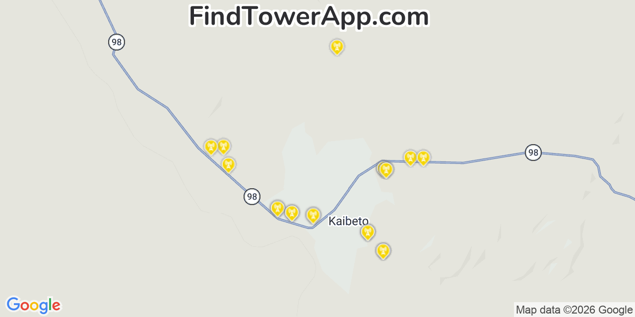 Map showing the 20 primary cell tower locations detected in Kaibito, Arizona from AT&T, Verizon, and T-Mobile networks