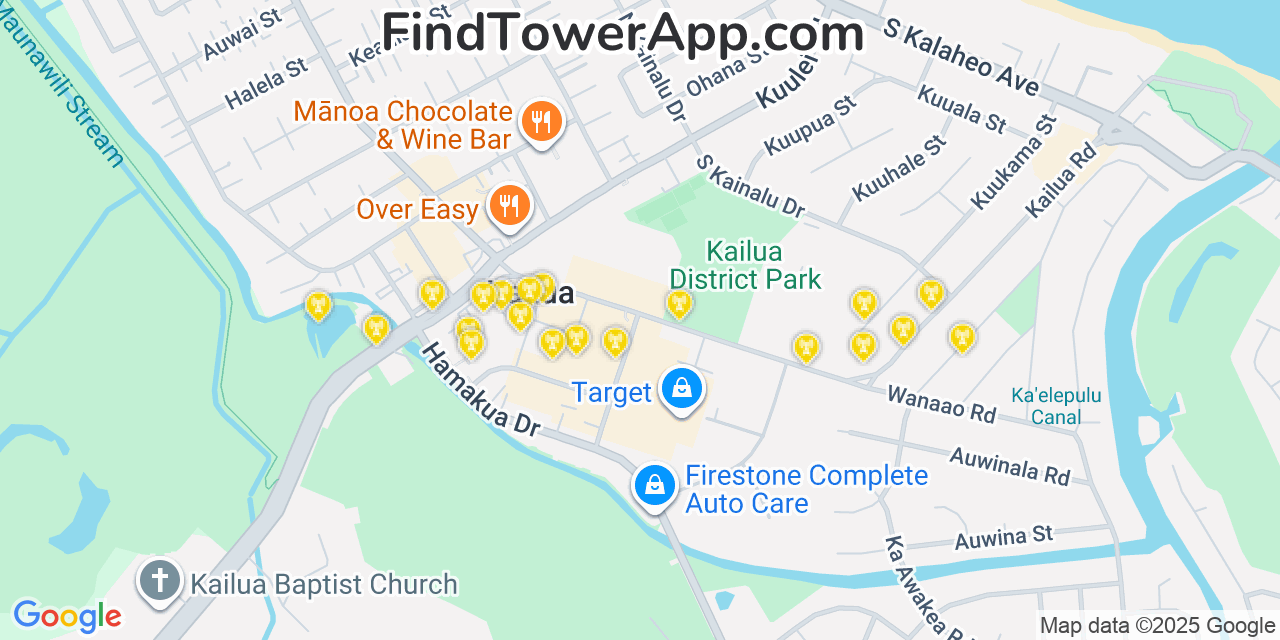 Map showing the 20 primary cell tower locations detected in Kailua, Hawaii from AT&T, Verizon, and T-Mobile networks