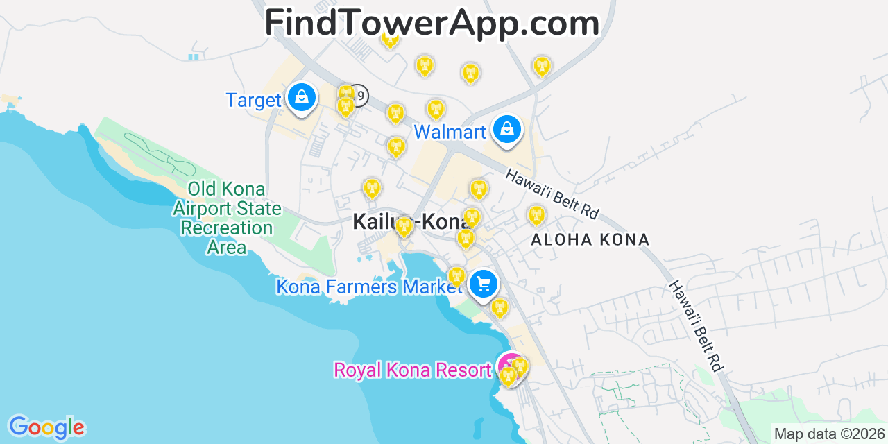 Map showing the 20 primary cell tower locations detected in Kailua Kona, Hawaii from AT&T, Verizon, and T-Mobile networks