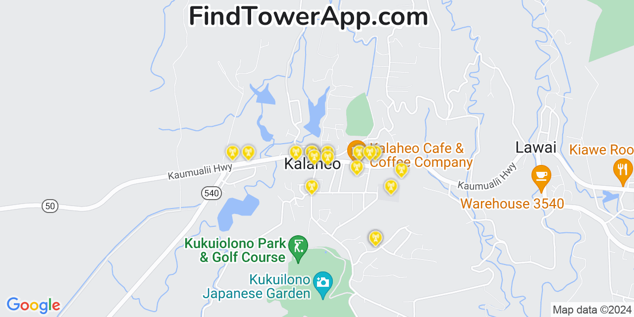 AT&T 4G/5G cell tower coverage map Kalāheo, Hawaii