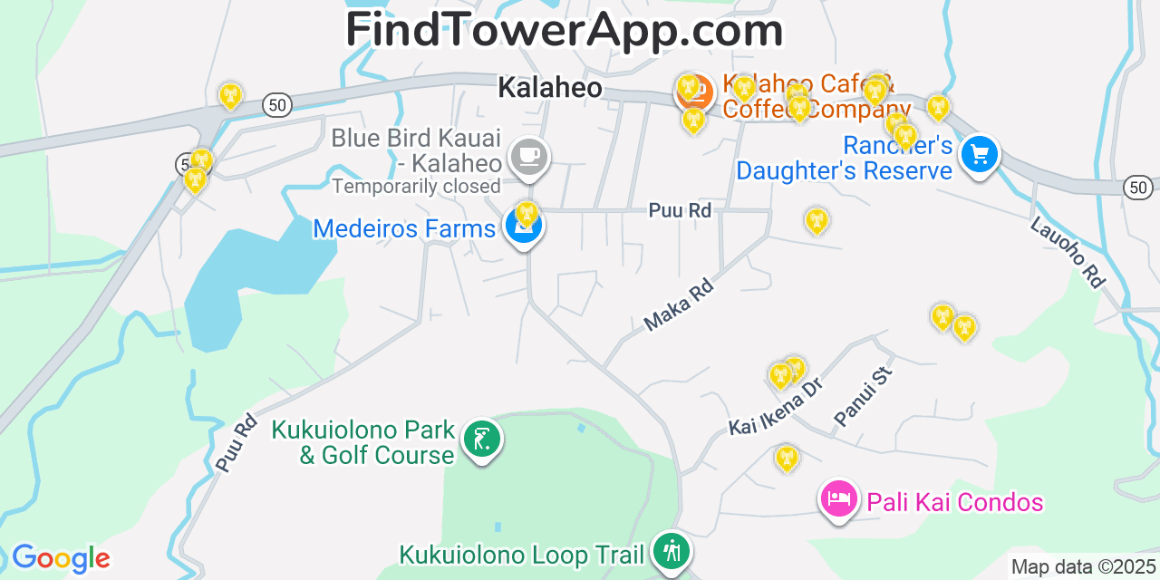 Map showing the 20 primary AT&T cell tower locations detected in KaläHeo, Hawaii with coverage radius and signal strength indicators