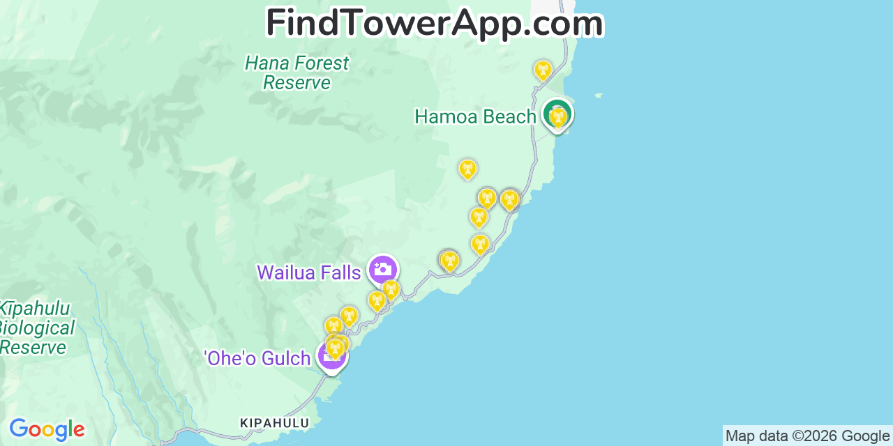 Map showing the 20 primary cell tower locations detected in Kalä Heo, Hawaii from AT&T, Verizon, and T-Mobile networks