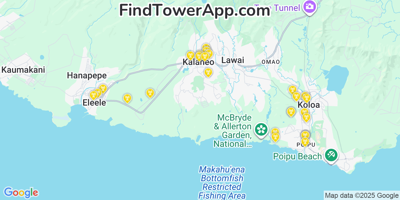 Map showing the 30 primary T-Mobile cell tower locations detected in KaläHeo, Hawaii with coverage radius and signal strength indicators