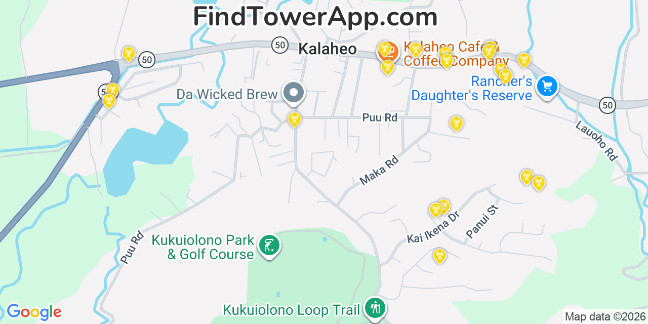 Map showing the 20 primary AT&T cell tower locations detected in KaläHeo, Hawaii with coverage radius and signal strength indicators