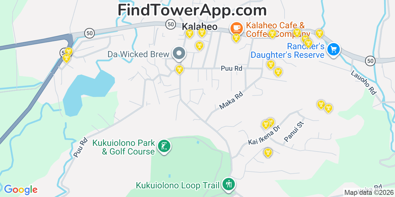 Map showing the 20 primary cell tower locations detected in KaläHeo, Hawaii from AT&T, Verizon, and T-Mobile networks