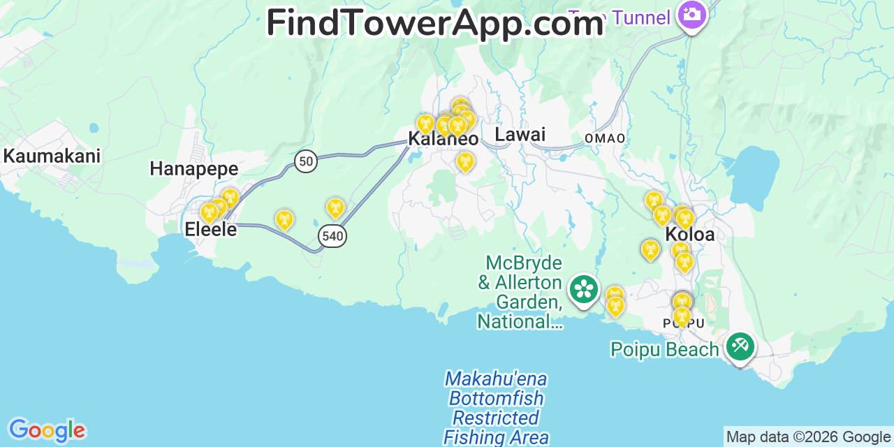 Map showing the 30 primary T-Mobile cell tower locations detected in KaläHeo, Hawaii with coverage radius and signal strength indicators