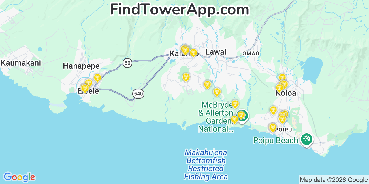 Map showing the 24 primary Verizon cell tower locations detected in KaläHeo, Hawaii with coverage radius and signal strength indicators