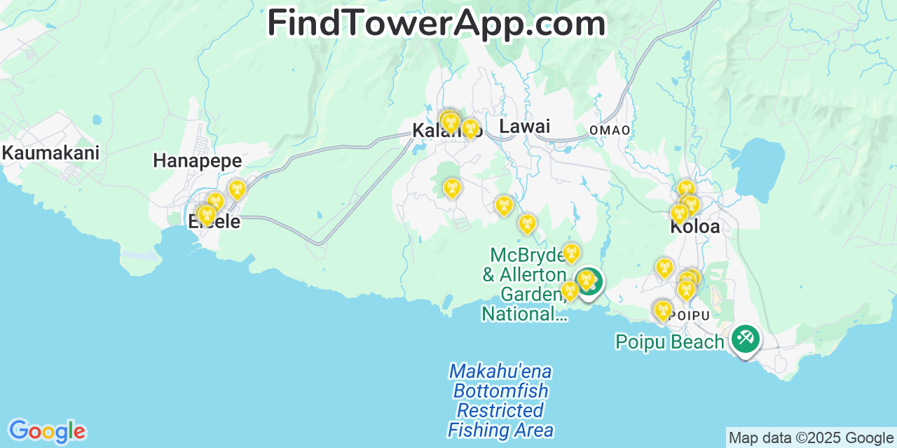 Map showing the 24 primary Verizon cell tower locations detected in Kalāheo, Hawaii with coverage radius and signal strength indicators