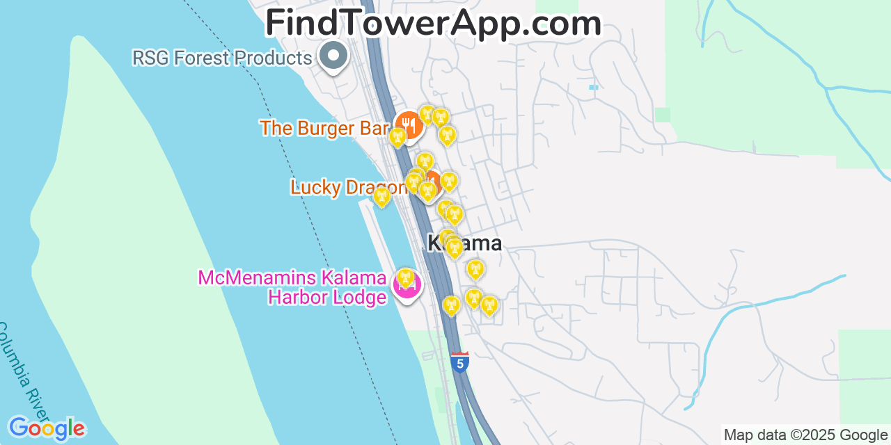 Map showing the 20 primary cell tower locations detected in Kalama, Washington from AT&T, Verizon, and T-Mobile networks