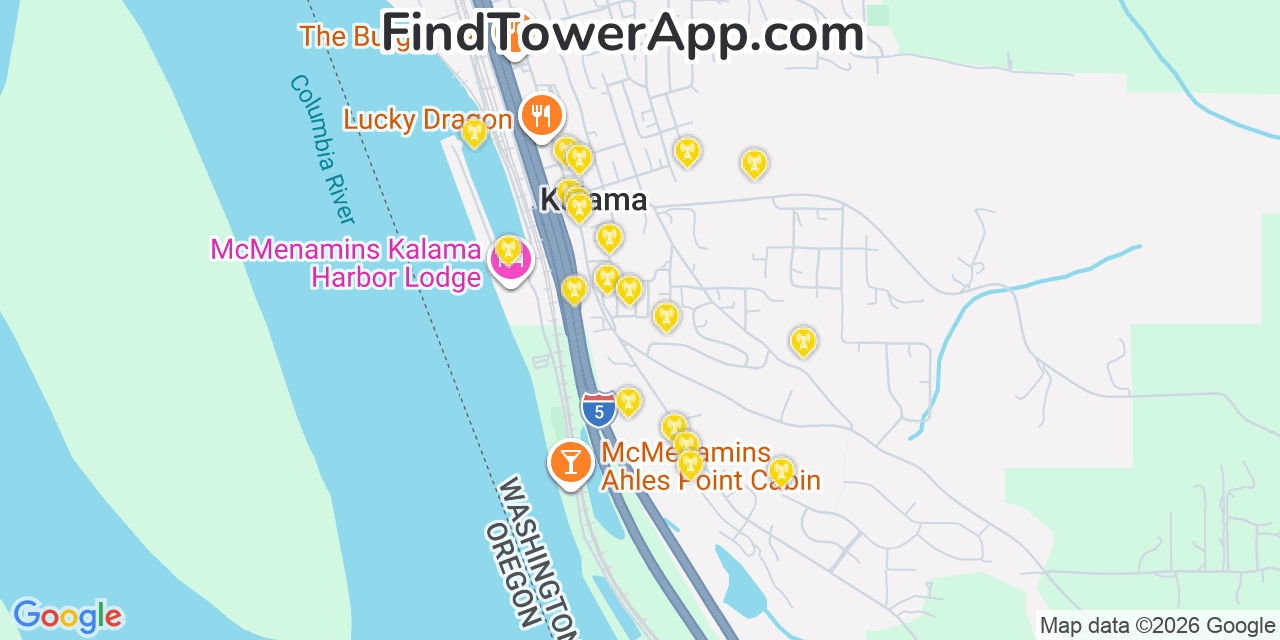 Map showing the 20 primary cell tower locations detected in Kalama, Washington from AT&T, Verizon, and T-Mobile networks