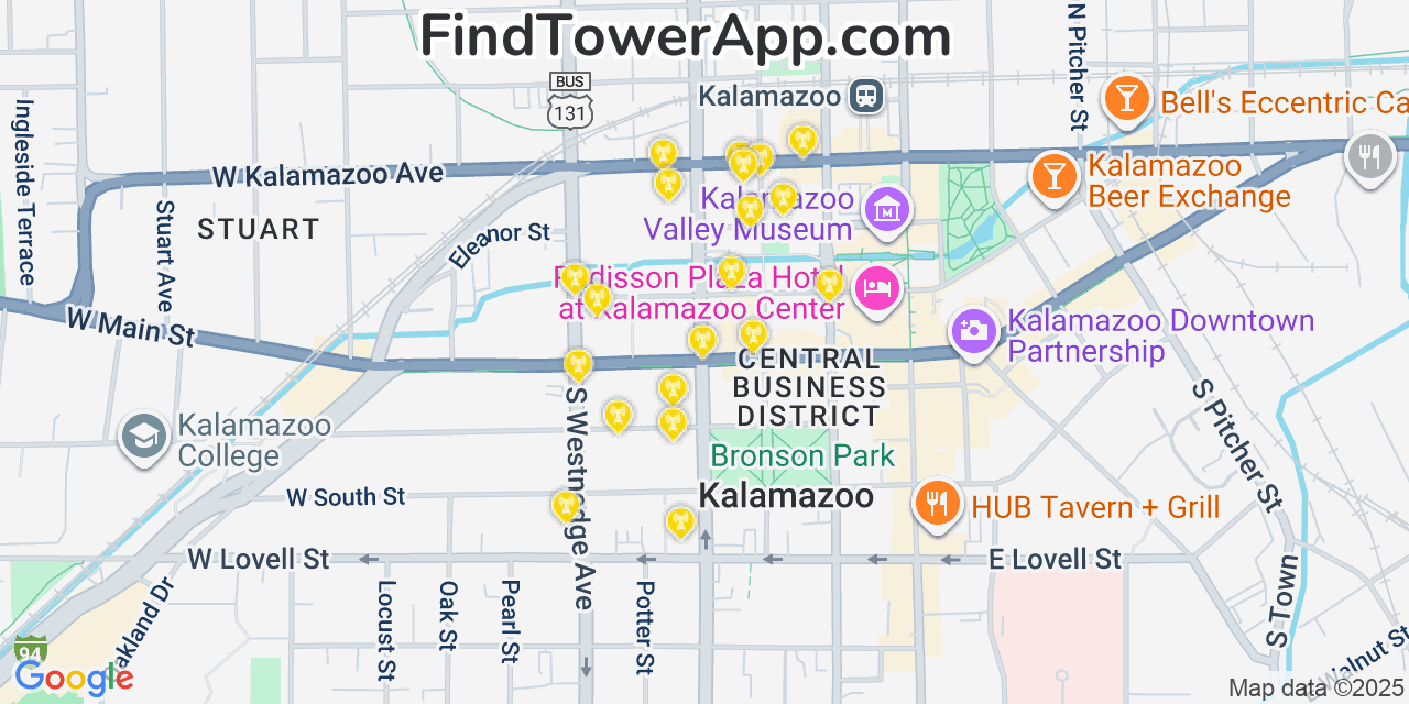 Map showing the 20 primary cell tower locations detected in Kalamazoo, Michigan from AT&T, Verizon, and T-Mobile networks