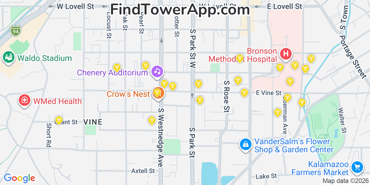 Map showing the 20 primary cell tower locations detected in Kalamazoo, Michigan from AT&T, Verizon, and T-Mobile networks