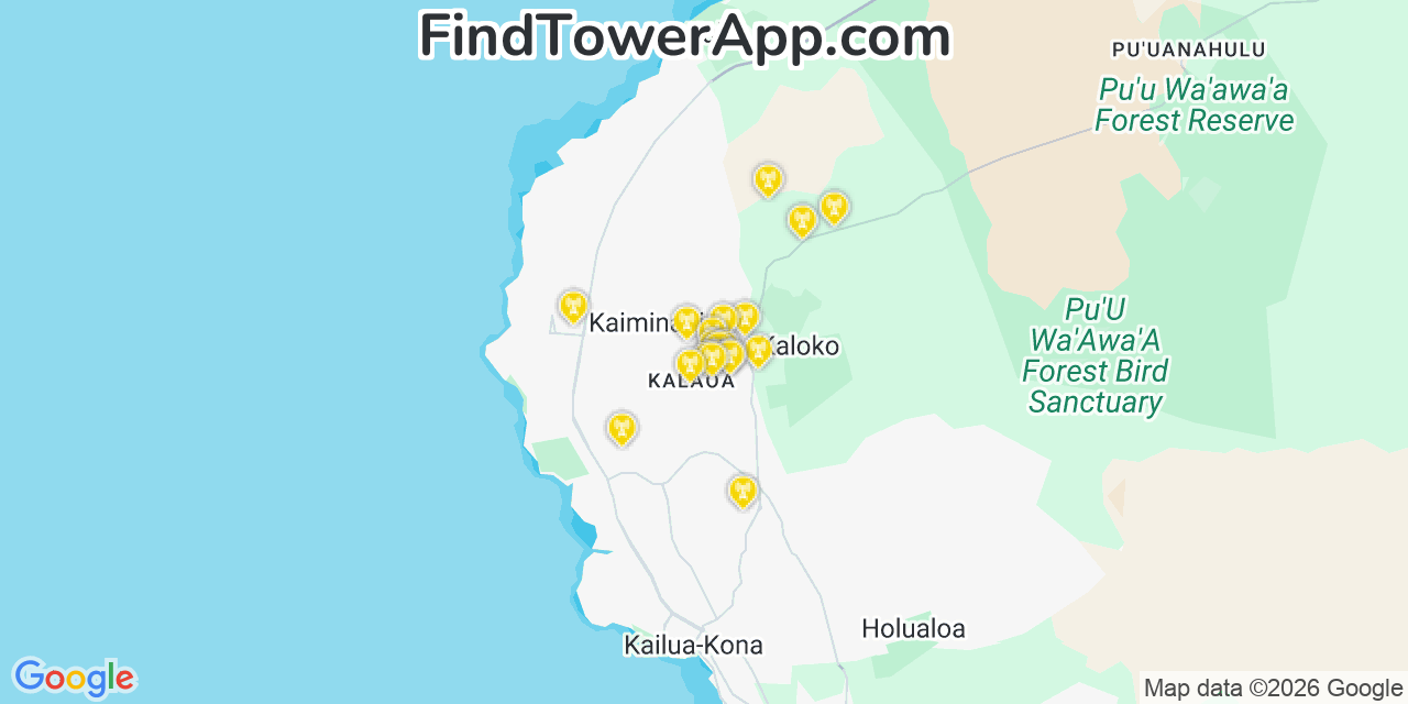 Map showing the 20 primary cell tower locations detected in Kalaoa, Hawaii from AT&T, Verizon, and T-Mobile networks