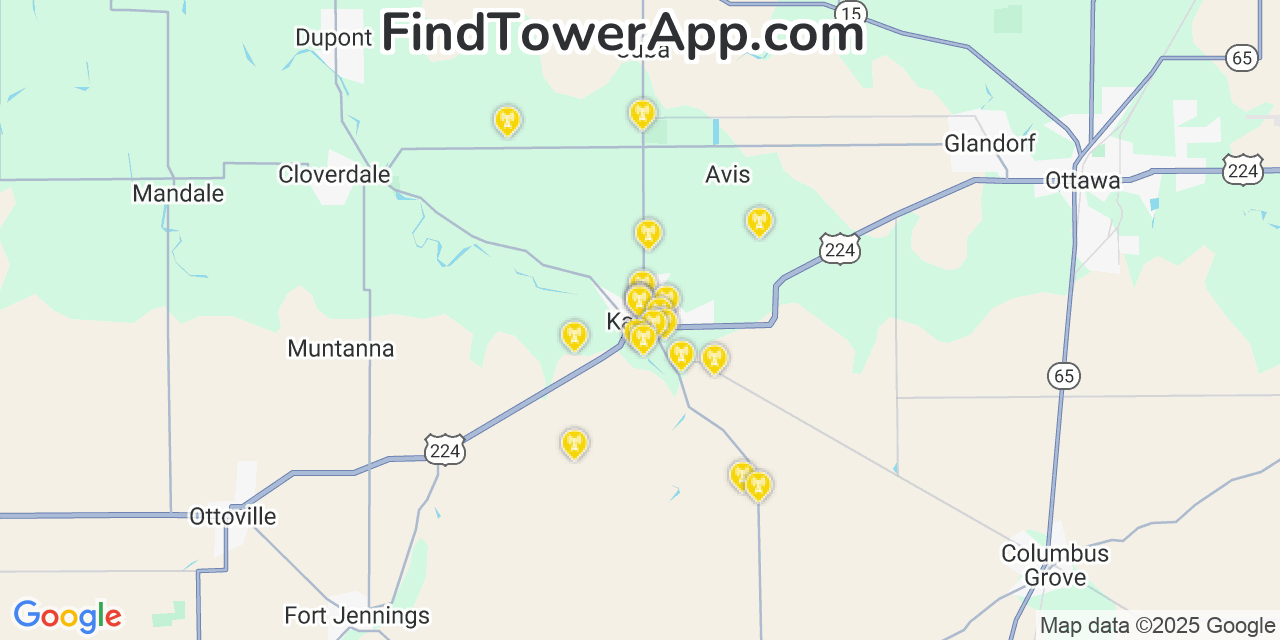 Map showing the 20 primary cell tower locations detected in Kalida, Ohio from AT&T, Verizon, and T-Mobile networks