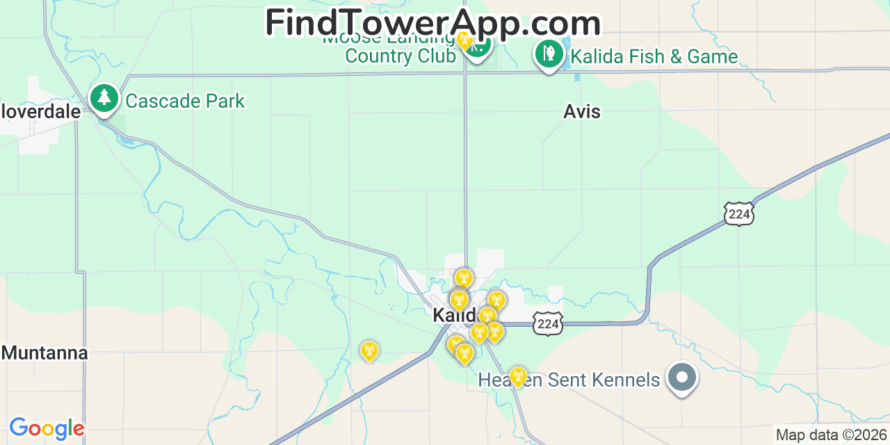 Map showing the 20 primary cell tower locations detected in Kalida, Ohio from AT&T, Verizon, and T-Mobile networks