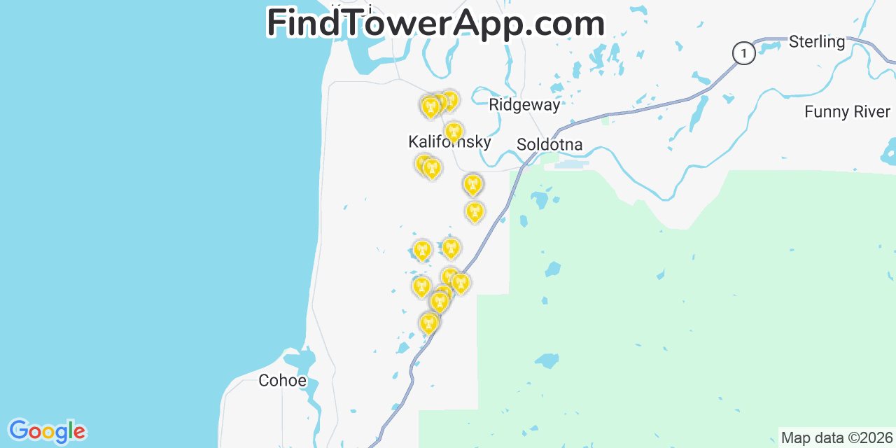 Map showing the 20 primary cell tower locations detected in Kalifornsky, Alaska from AT&T, Verizon, and T-Mobile networks