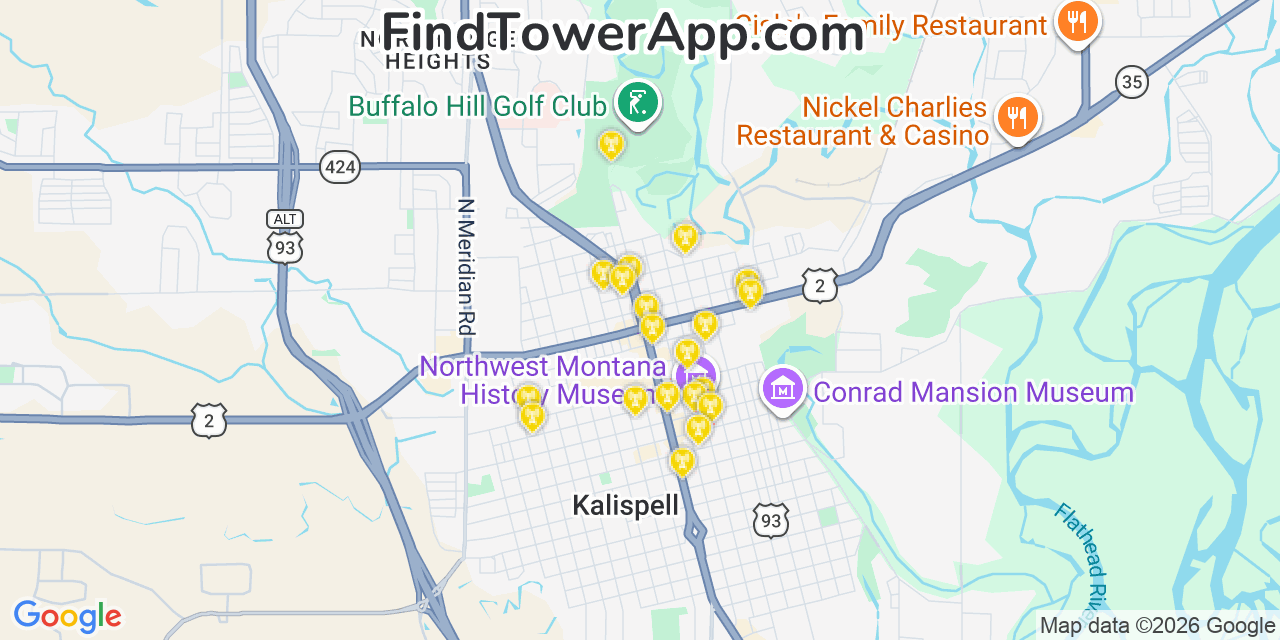 Map showing the 20 primary cell tower locations detected in Kalispell, Montana from AT&T, Verizon, and T-Mobile networks