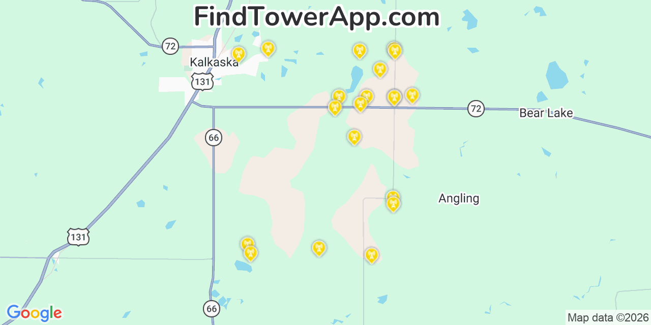 Map showing the 20 primary cell tower locations detected in Kalkaska, Michigan from AT&T, Verizon, and T-Mobile networks