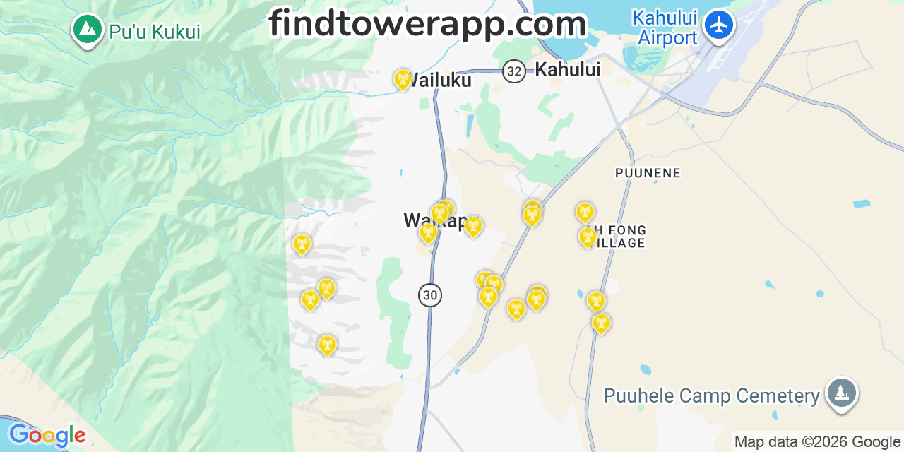 Map showing the 21 primary AT&T cell tower locations detected in Kalńāheo, Hawaii with coverage radius and signal strength indicators